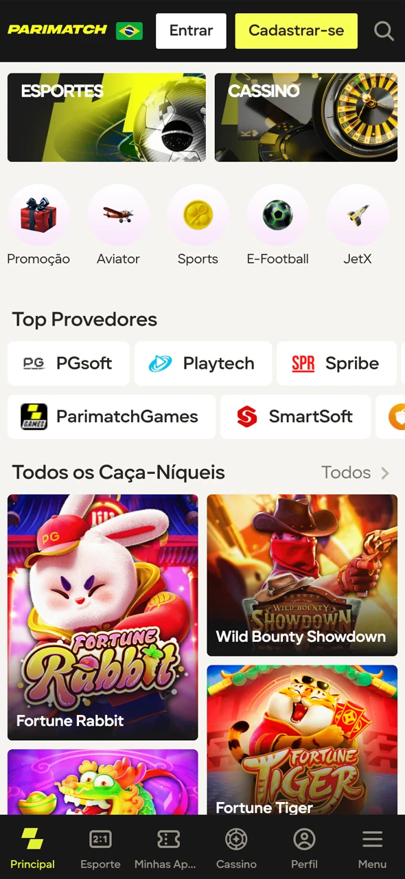 Captura de tela da página principal do aplicativo móvel.