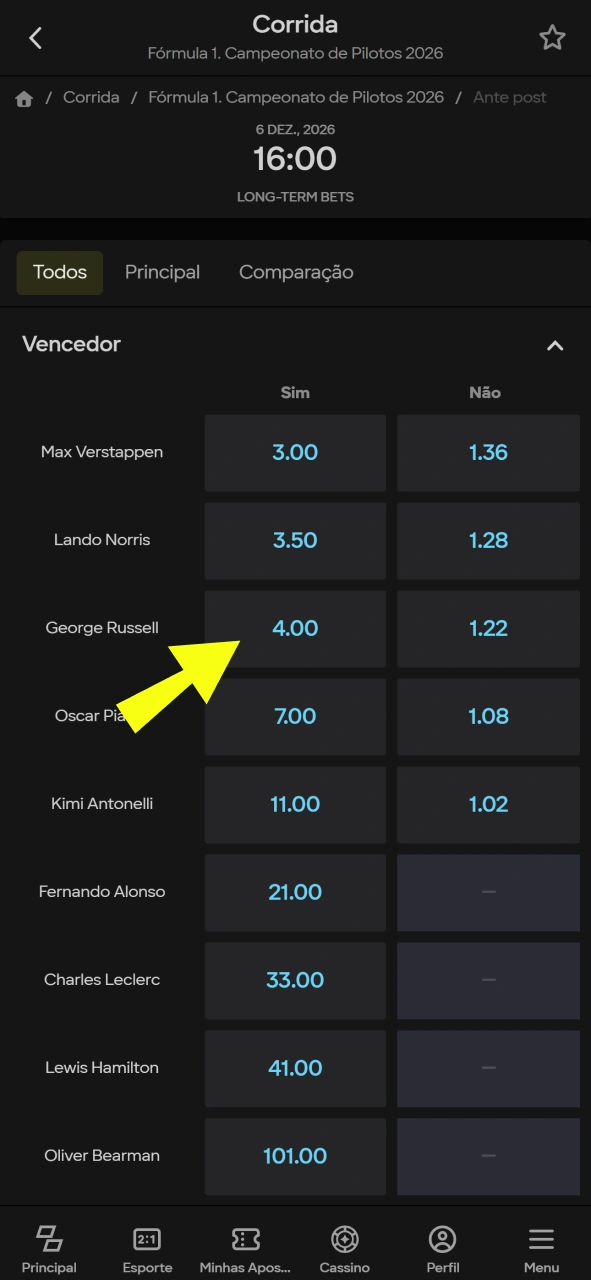 Escolha o coeficiente para apostar na Fórmula 1 na Parimatch.